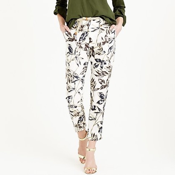 J. Crew Pants - J. Crew Linen Garden Print Gold Foil Leaf Pants